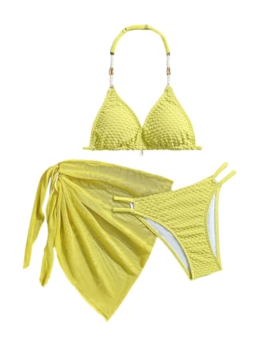 Image of SOLY HUX Girl's Summer Swimsuit Set Floral Halter Triangle Bikini Set with Wrap Skirts Beachwear