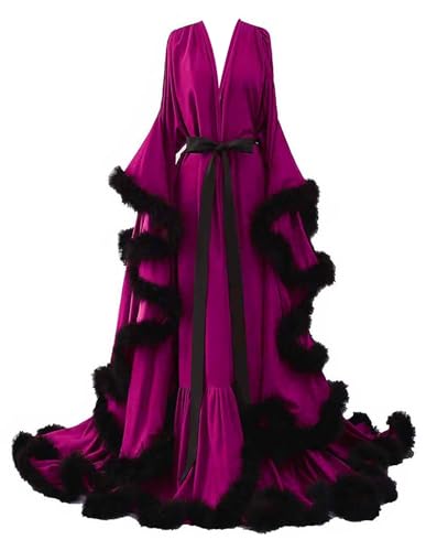 Plus Size Feather Robe for Bride Silk Satin Bridal Fur Robes Long Nightgown