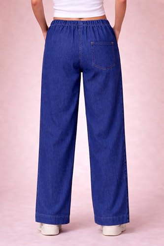 Image of London Hills Jeans for Woman | Wide Leg Jean for Women | Women's Wide Leg Denim Pants | Elastic Waist Drawstring Jeans for Women | Loose Fit Casual Palazzo Trousers | Woman Jean's Pant