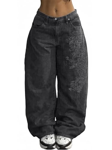 Image of EMMIOL Women Hip Hop 90s Vintage Baggy Jeans Denim Pants Mid Waist Jeans