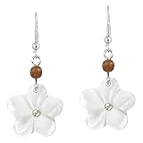 AeraVida Tropical Chic Carved Flower White Mother of Pearl Seashell, Crystal and Wood Earrings | Chic Earrings | White Mother of Pearl Earrings | White Flower Earrings for Women
