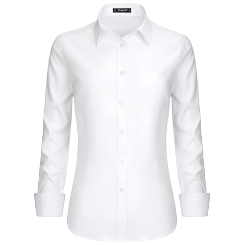 Stamain Blanca Camisa de Mujer Chic de Manga Larga con Escote en V y Botones para Oficina y Eventos Formales M