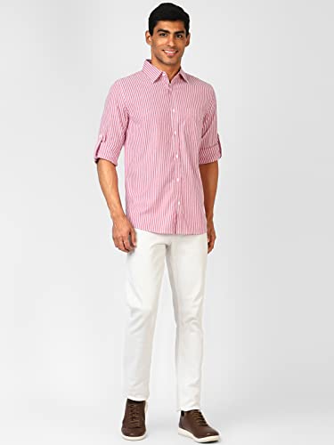 Image of UrbanMark Men 100% Cotton Full Sleeves Regular Fit Striped Casual Shirt-Coral & White
