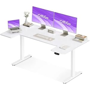 OffiGo U-förmiges Höhenverstellbarer Schreibtisch, 140 x70 cm, Elektrischer Steh-Sitz Tisch, Standing Desk, Home Office Computertisch, Memory Funktion, Leiser Motor, Weiß