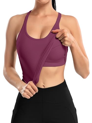 Image of ATTRACO Ribflex Ribbed Workout Crop Tops with Built in Bra for Women Yoga Racerback Tank Top Slim Fit