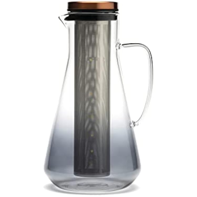 Sio Cold-Infusion Pitcher 54 fl oz / 1600 mL Borosilicate Glass Pitcher with Micro-Fine 316 Stainless Steel Strainer & Copper-Plated Lid, Includes Measuring Scoop