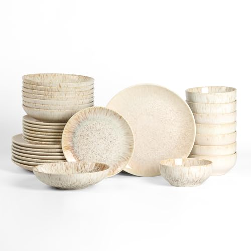 Image of Stone Lain Riley 32-Piece Dinnerware Set Stoneware, Plates and Bowls Set, Dishwasher and Microwave Safe, Dish Set for 8, Sand