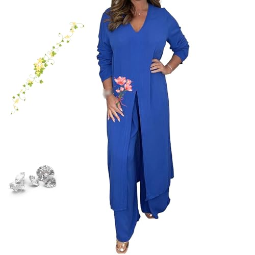 V-Neck Slit Casual Two-Piece Set with Long Top & Matching Trouser Formal Pant Suits for Women Dressy Wedding Guest