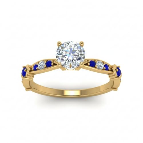 Image of Choose Your Gemstone Petite Pave Diamond CZ Engagement Ring Yellow Gold Plated Round Shape Petite Engagement Rings Minimal Modern Design Birthday Gift Wedding Gift US Size 4 to 12