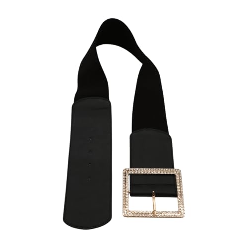 Women Black Color Wide Elastic Fashion Belt Gold Bling Metal Square Buckle Fit S M z2332
