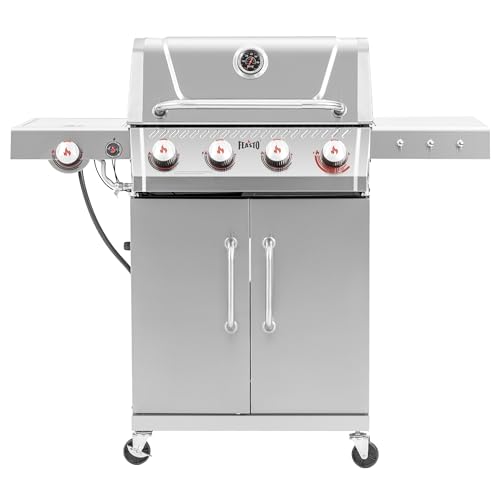 Feasto 4-Burner Propane Gas Grill w/Sear & Side Burner, Stainless Steel Construction w/Porcelain-Enameled Main Body, 49,500 BTU Outdoor BBQ Grill, 563 Sq. In. Cooking Area, Cabinet Storage, Silver
