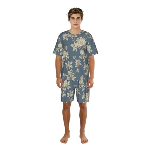 Pyjama élégant homme fleurs bleues et jaunes idéal pour vos week-ends paresseux