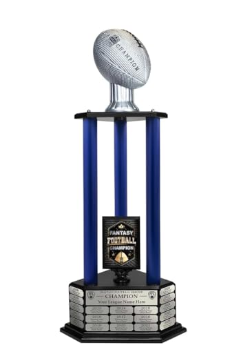 TrophySmack Fantasy Football Trophy - 19-Year Perpetual – 36” Customizable Championship Award with Free Engravings (Silver Football | Blue Metal Columns)