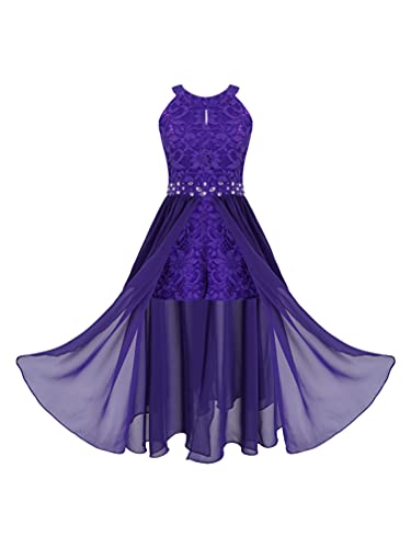 ranrann Kids Girls Sleeveless Floral Lace Shiny Rhinestone Maxi Dress Birthday Party Formal Dance Romper Gown Purple 9-10