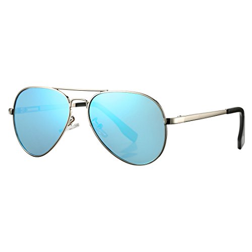 Polarized Aviator Sunglasses for Men Women with Spring Hinge Legs, UV400 Protection (Silver Frame/Blue Mirror Lens)