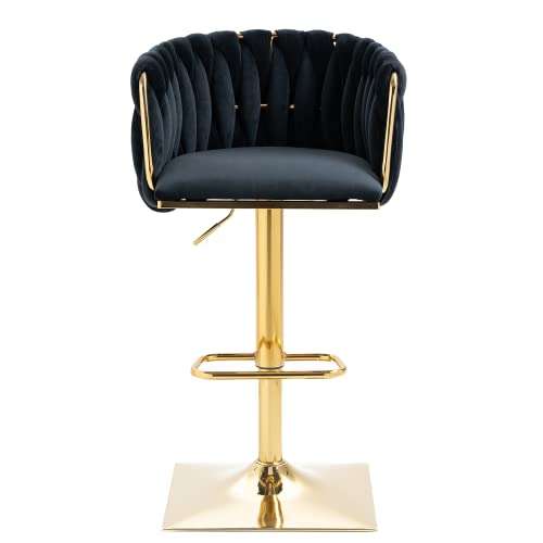 Homtique Bar Stool,Velvet Woven Bar Stools,Adjustable Counter Height Swivel Barstools with Low Back and Gold Base for Kitchen Island,Pub,Dining Room (1, Black)
