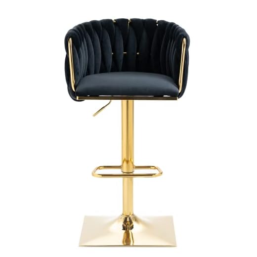Homtique Bar Stool,Velvet Woven Bar Stools,Adjustable Counter Height Swivel Barstools with Low Back and Gold Base for Kitchen Island,Pub,Dining Room (1, Black)