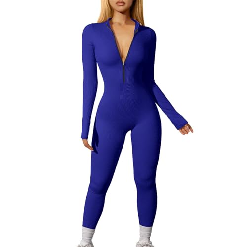 Mono para mujer, ajustado, largo, de manga larga, con cremallera, con cuello de pico, pantalones de peto, sexy, traje de deporte, ligero, de una pieza, cómodos, pantalones cortos de yoga, azul, S