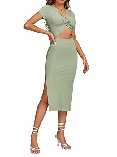 Image of LYANER Women's Twist Front Cut Out Split Hem V Neck Short Sleeve Knit Bodycon Midi Dress