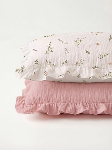 Image of Toddler Pillowcases for 13 inchx18 inch Pillow 2 Pack, Muslin Small Toddler Baby Kids Travel Pillow Covers for Boys Girls with Envelope Closure (Blush Meadow-Ruffled, 13 x 18 Inch)