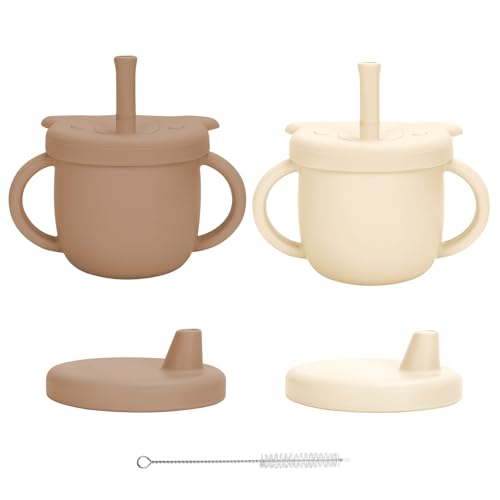Image of EsOfficce Silicone Baby Sippy Cups, 8.54 Oz 3 Stages Training Cup, Silicone Straw Cup for Infants Toddlers 6-12 Month and Kids 1-3 Year, 2 Colors, Beige+Brown