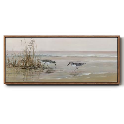 Renditions Gallery Shorebirds Artwork Birds Drinking at Coast Floater Frame Canvas Paintings for Bedroom Office Kitchen - 12"X30" WALNUT Frame GAL042