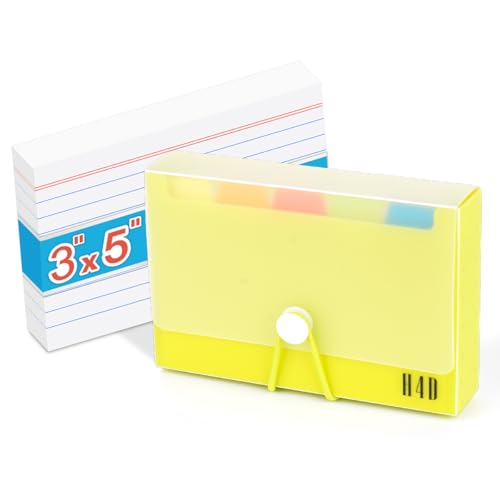 H4D Caixa de fichas 3x5 com 100 cartões de índice pautados e divisores, amarelo
