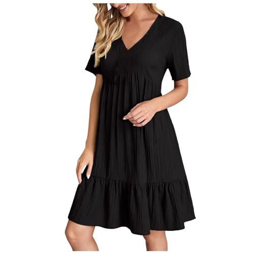 Robe chemise unie col V à manches courtes et boutons pour femme