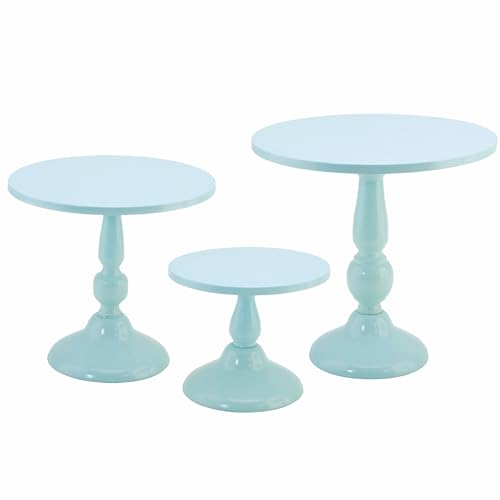 QENUIITEA Set of 3 Blue Cake Stands, Metal Round Cake Holder Dessert Pie Pizza Display Stand 8" 10" 12" Serving Tray Decoration for Wedding Celebration Party Birthday Baby Shower