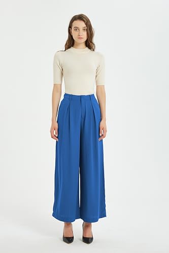 Tronjori Women High Waist Casual Wide Leg Long Palazzo Pants Trousers(L, Blue)