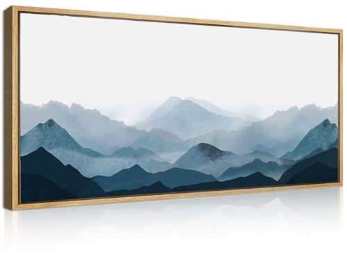Blue Framed Mountain Landscape Wall Art Fog Mountain Painting Wall