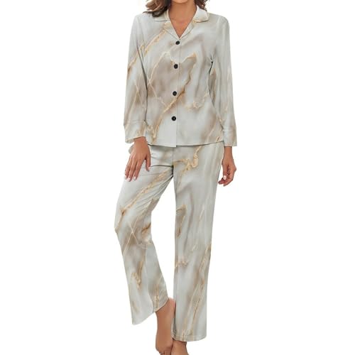 Pyjama Femme Marbre d'Agate Neutre de Qualité Supérieure | Chemise Boutonnée