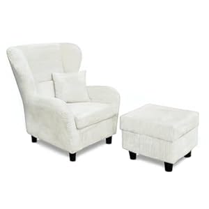 Moderner Ohrensessel mit Hocker – Große Auswahl an Stoffen und Farben – Gemütlicher Designer-Sessel im eleganten Landhaus-Stil, Cordbeige