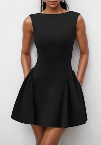Image of Kwunbwa Women's Sexy Sleeveless Boat Neck Backless A Line Mini Dress | Ruffle hem, flowy, solid color, suitable for casual, party, cocktail, club, prom, wedding guest, vacation, birthday, travel