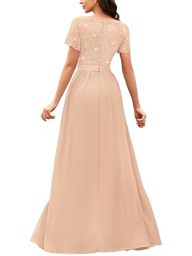 Miusol Women's Classy V-Neck Ruffle Floral Lace Hem Trim Sequined Maxi Bridesmaid Dress2