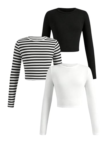 Girl's Long Sleeve Shirts Crew Nekc Slim Fitted Tight Fall Basic Tees Cute Crop Tops for Girls