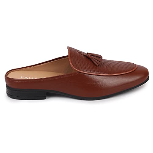 Image of FAUSTO Men's Back Open Tassle Leather Slip On Shoes for Outdoor|Evening|Festive|Occasions|Comfort|Lightweight with TPR Sole (6-13 UK)