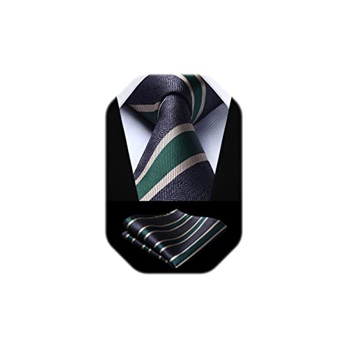Image of HISDERN Mens Striped Tie and Pocket Square Set Necktie for Men | soft smooth texture, wrinkle-free, neat hand-tied knot, gifting ready, regular 3.4 width, coordinated look, business wedding