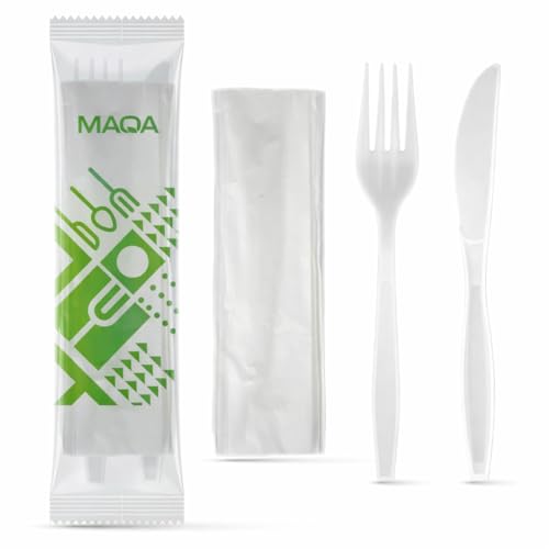 100 Set Posate Biodegradabili e Compostabili + Tovagliolo - Forchetta e Coltello Imbustati Singolarmente – Resistenti per Cibi Caldi fino a 70°C – Ideali Come Posate Da Viaggio, Eventi, Ristorazione