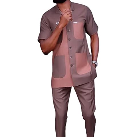 African Clothing for Men Fashion Dashiki Lapel Suit Short Sleeve Shirt Pant Traditional Patchwork Pockets Tracksuit Outfit (Color : Brown, Size : L) Cover
