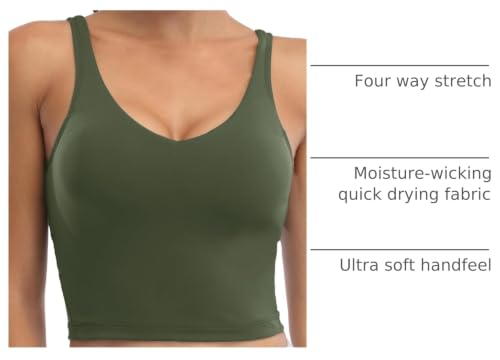 Image of Oalka Sports Bra Womens Longline Padded Crop Yoga Tank Tops | Built in Bras, Workout, Athletic, Fitness, Super Soft, Comfort, Cropped Top, Removable Pads, Heart Neckline For Women