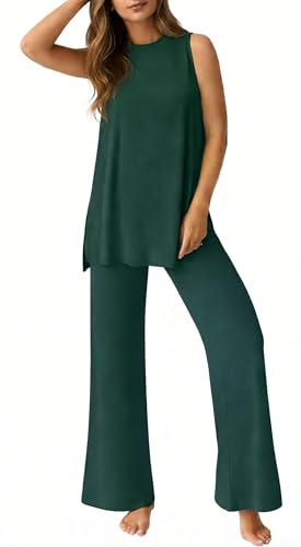 PrinStory Womens Pajamas Sets 2 Piece Soft Pjs for Women Sleeveless Pajama Set Summer Loungewear with Pockets Dark Green-L