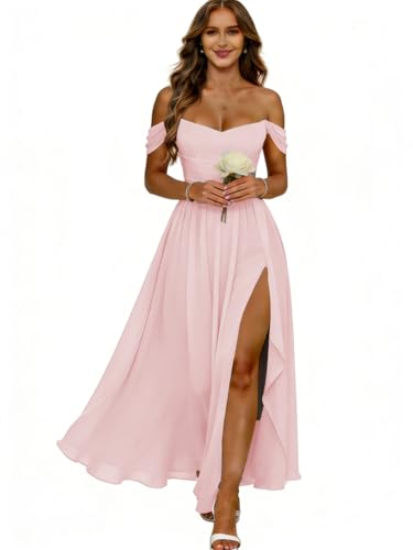LKTESZ Blush Pink Bridesmaid Dresses Long with Slit Corset Wedding Guest Dresses Ruched Ruffles Chiffon Off the Shoulder Prom Dresses 2026 US4