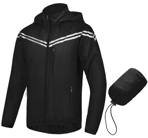 Image of CREATMO US Men's Packable Waterproof Running Rain Coats Reflective Cycling Jacket Windbreaker With Removable Hood