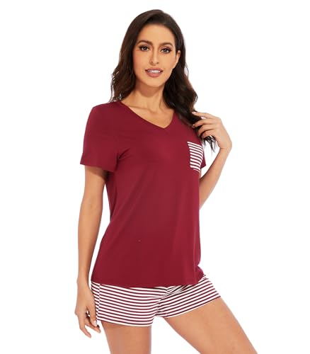 Image of WiWi Womens Pajamas Set Bamboo Viscose Super Soft Short Sleeve Top Ruffle Shorts Sleepwear Cooling Pj Sets S-XXL