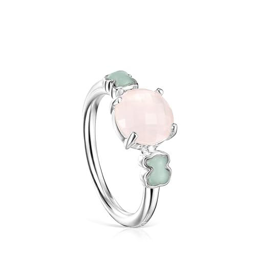 TOUS Anillo para Mujer de Plata de Primera Ley con Cuarzo Rosa Facetado y Amazonita, Talla 12, Colección Icon Color