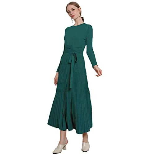 RanRui Womens Winter Fall Pleated Knitted Fit and Flare Long Sleeve Sweater Dress 6-8 A-green