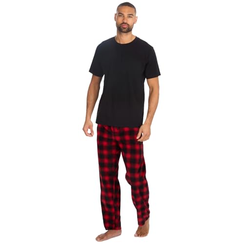Style It Up Mens Short Sleeve Pyjama Set Cotton Top Brushed Fleece Bottoms PJ Loungewear/Nightwear (BLACK-RED, L)
