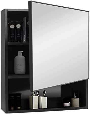 YEPOTUE Mirrored Medicine Cabinet, 23.6" x19.6 Black Bathroom Medicine Cabinet Wall Mounted Space Aluminum Storage, Water, and Rust Resistant, Surface Mount