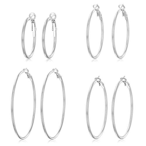 PICKBEAU 4 Pairs Silver Hoop Earrings for Women 14K White Gold Plated Lightweight Big Hoops Earring...